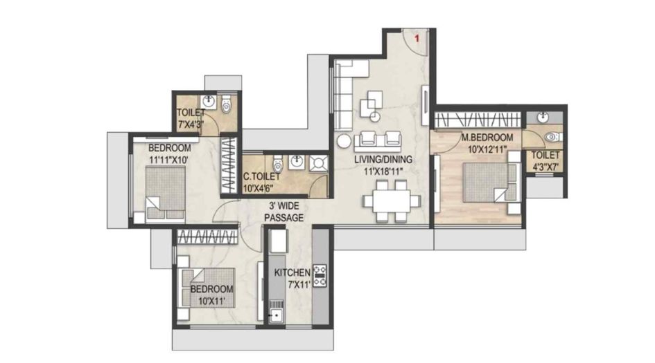 roviso-Sai-Maple-Woods-2-FLoor-Plan-3 BHK - 835 sqft